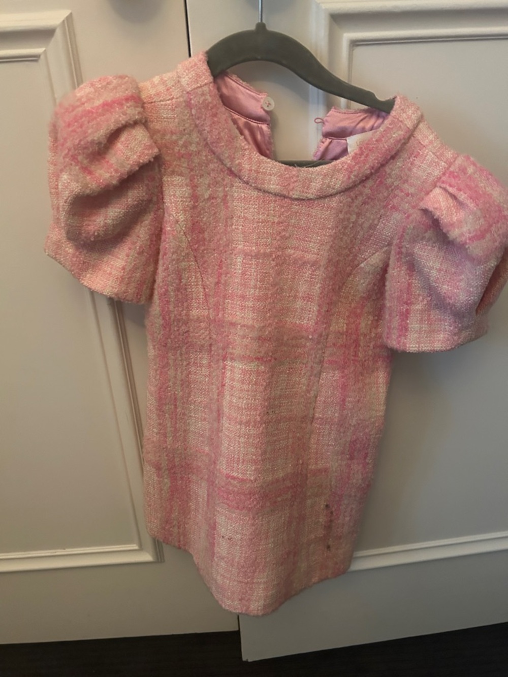 Love shack Fancy Pink Tweed Puff Sleeve Shift Dress size 4